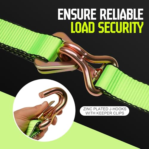 4-Pack 10,000lbs Break Strength Ratchet Straps Heavy Duty, 2 Inch x 10 Feet Tie Down Straps with J-Hooks & Clips & 2" x 38"Axle Straps for Car Trailer Truck, UTV, Motorcycle, Cargo & More - Green - color: Green