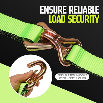 4-Pack 10,000lbs Break Strength Ratchet Straps Heavy Duty, 2 Inch x 10 Feet Tie Down Straps with J-Hooks & Clips & 2" x 38"Axle Straps for Car Trailer Truck, UTV, Motorcycle, Cargo & More - Green - color: Green