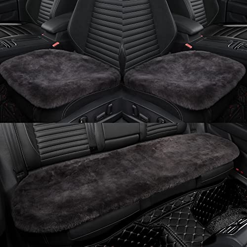 IRIWOOL Genuine Sheepskin Auto Seat Pad, Soft Wool Seat Cover Breathable and Sweat-Wicking Comfort Warm Universal Fit (Front seat Cushion 2pcs & Rear seat Cushion 1pc, Dark Grey) - color: Dark Grey, size: 3 Piece Set
