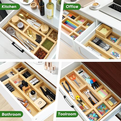 Bamboo Drawer Organizer Set, 9 PCS Multi-Use Individual Wood Storage Organizers, Junk Drawer Divider and Storage Trays Containers for Kitchen, Bathroom, Office Desk, Makeup, Jewelry, Utensils - size: 9