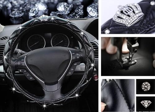 Diamond Black Leather Bling Steering Wheel Cover for Women Car Steering Wheel Protector Queen Rhinestones Anti-Slip Universal Fit 14 1/2-15 inch - color: Crown