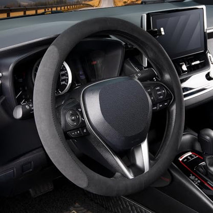 15 inch Microfiber Suede Car Steering Wheel Cover, Universal Anti-Slip Grip Protector for SUV Truck, Black & Grey