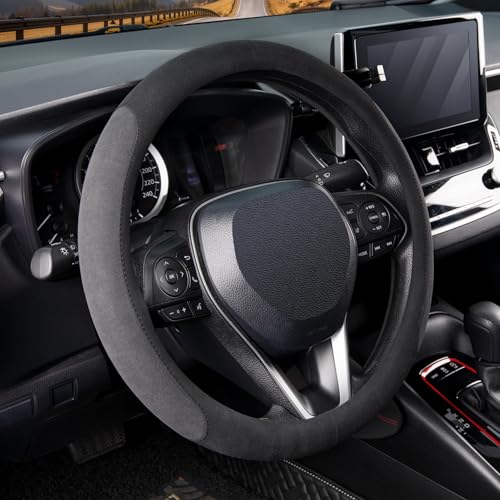 15 inch Microfiber Suede Car Steering Wheel Cover, Universal Anti-Slip Grip Protector for SUV Truck, Black & Grey