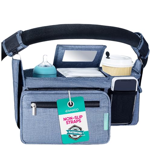 Swanoo Stroller Caddy Organizer With Cup Holder, Non-Slip Straps, Bag for Phone, Pet Accessories, Universal Fits Uppababby Vista v2 Wonderfold Wagon, Doona and More - color: Blue