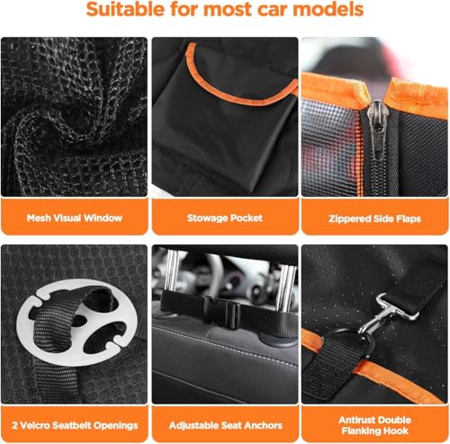Waterproof Dog Car Seat Cover for Back Seat,Collapsible Scratchproof Dog Car Seats Covers,Nonslip Dogs Seat Cover with Mesh Window,Storage Pocket,Side Flaps,Universal Size Fit for Car/Truck/SUV