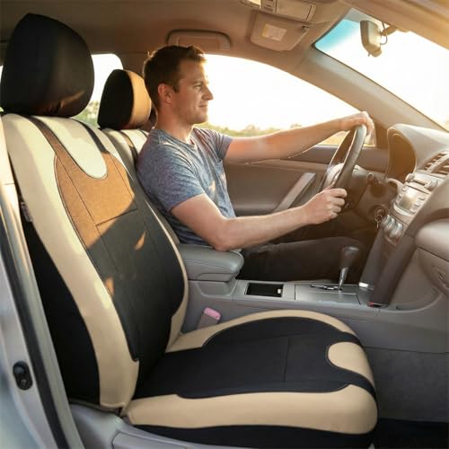 Car Seat Covers Full Set, Split Waterproof Polyester Mesh Vehicle Front and Rear Seat Protectors, All-Weather Automotive Interior Chair Cushion, Universal for Automobile RV Truck (Beige) - color: Beige