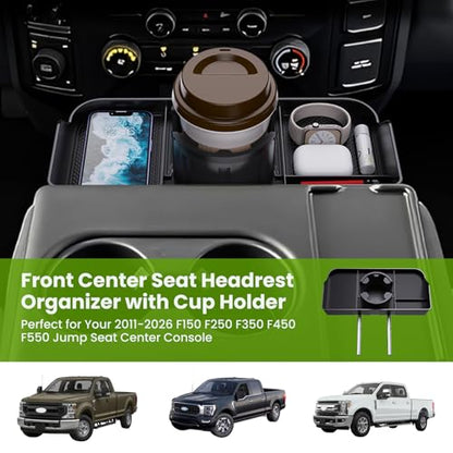 Front Center Seat Headrest Organizer Compatible with 2011-2025 2026 Ford F150 F250 F350 F450 F550 F650 Accessories, Compartment Tray Container Storage Box with Cup Holder(Jump Seat Only) - style: Organizer with Cup Holder