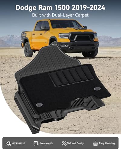 3W Dodge Ram 1500 Floor Mats & Front Carpets for 2019-2024 with Original Storage Under Rear Seat All Weather Floor Liner Car Accessories Ram 1500 New Body Crew Cab (Not for Classic Models) - size: 19-24 Ram 1500 w/ Storage Floor Mats & Carpet