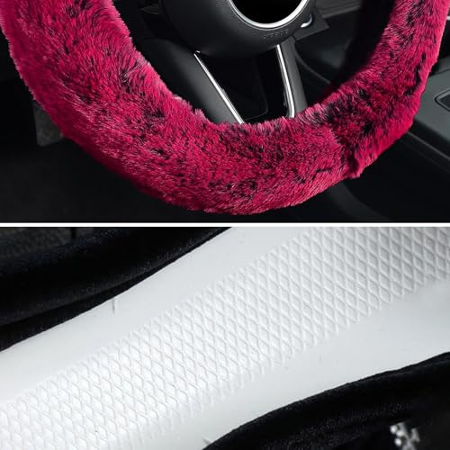 KAFEEK Frost Fluffy Microfiber Plush Steering Wheel Cover for Winter Warm, Universal 15 inch Soft Fuzzy Steering Wheel Cover, Brilliant Red - color: red, size: Standard Size[14 1/2''-15'']