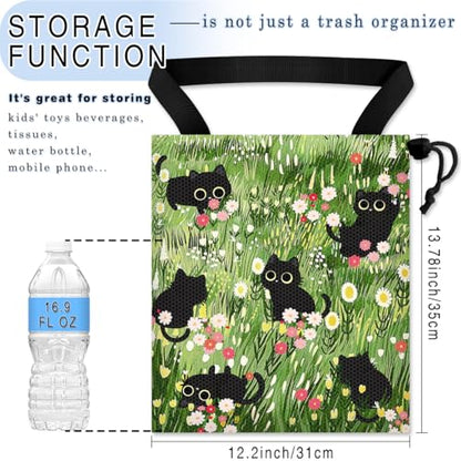 Car Trash Bag Hanging Back of Seat Waterproof Small Cute Printed One-Handed Strap Drawstring Garbage Bags for Car-Black Cat Floral - color: Black Cat Floral Car Trash Bag