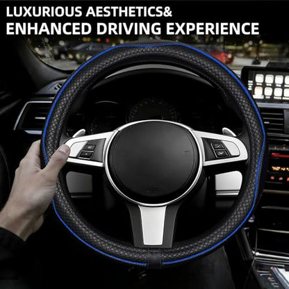 NBTEPEM Customized Auto Car Steering Wheel Cover for Toyota, Microfiber Leather Steering Wheel Covers with Anti-Slip Lining, Breathable, Safety, Soft, Sports Style (Black with Blue Line) - color: Black with Blue Line
