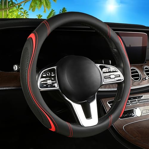 Leather Splicing Black Red Car Steering Wheel Cover,14.5-15 Inch Universal Microfiber Leather Covers Breathable Anti-Slip Odorless Steering Wheels Accessories for Men Women - color: Leather Splicing - Black and Red