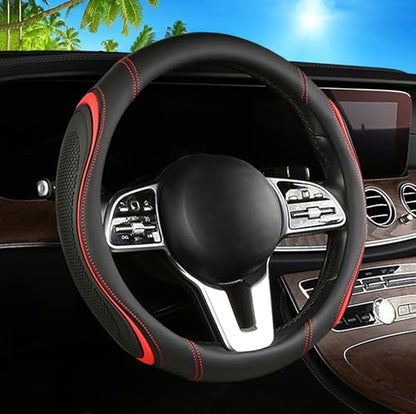 Leather Splicing Black Red Car Steering Wheel Cover,14.5-15 Inch Universal Microfiber Leather Covers Breathable Anti-Slip Odorless Steering Wheels Accessories for Men Women - color: Leather Splicing - Black and Red