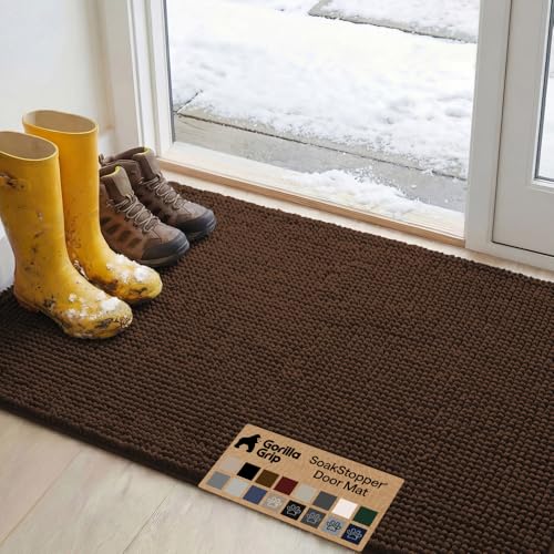 GORILLA GRIP SoakSTOPPER Dog Door Mat, 48x30 Machine Washable Rug Absorbent Doormat Captures Moisture Mud Dirt, Quick Dry Soft Chenille Entryway Rugs Indoor Entrance Mats for Dog Paws, Brown - color: Brown, size: 48" X 30"