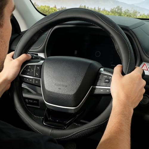 Steering Wheel Cover for Men Women, Universal 15 inch Microfiber Leather with Non-Slip Rubber Lining, Breathable Car Wheel Protector, Odorless, Durable, Black