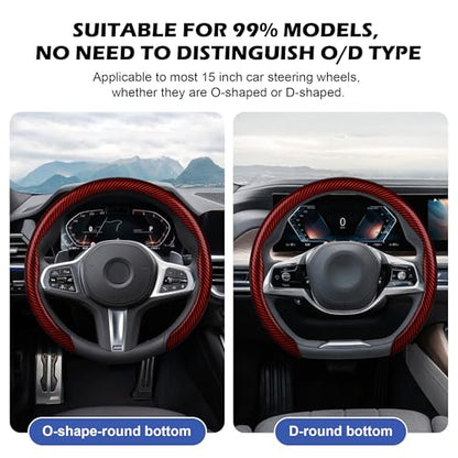 Leather Steering Wheel Cover,Universal Fit 15 Inch-Premium Non-Slip Breathable Comfort Grip for Cars Trucks SUVs,Anti-Slip Durable Interior Upgrade Carbon Fiber Pattern (Red) - color: Red carbon fiber texture
