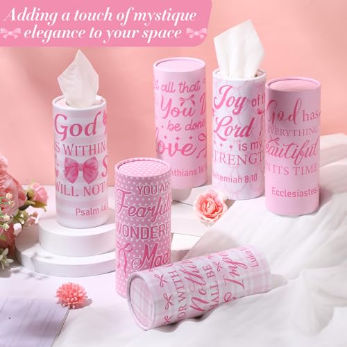 Outus 12 Pcs Christian Car Tissues Cylinder Holder with 3 Ply Facial Tissue Bulk Pink Bow Religious Round Tissue Holder Inspirational Scripture Travel Tissues Boxes Container for Car Cup Home Office - style: Religious Bow
