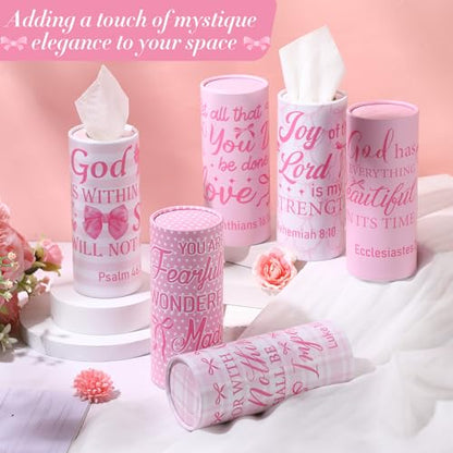 Outus 12 Pcs Christian Car Tissues Cylinder Holder with 3 Ply Facial Tissue Bulk Pink Bow Religious Round Tissue Holder Inspirational Scripture Travel Tissues Boxes Container for Car Cup Home Office - style: Religious Bow