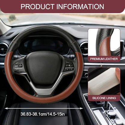 Car Steering Wheel Cover, Durable Leather Cover with Anti-Slip Lining, Microfiber PU Leather Elastic Steering Wheel Protector, Comfortable Non-Slip Steering Wheel Covers for Autos (Coffee) - color: Coffee