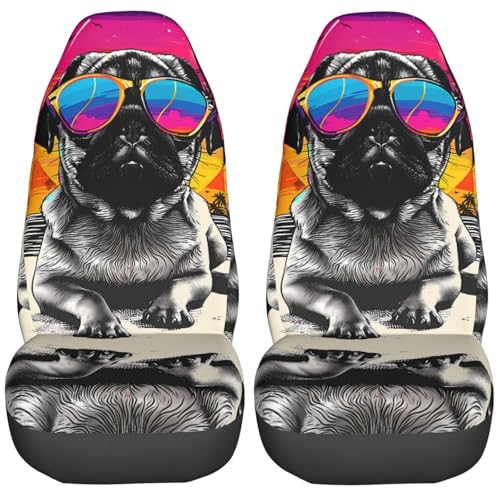Delerain Car Seat Covers Set 2Pcs, Cute Pug Universal Front Car Seats Vehicle Enterior Protector Suitable Fits Most Car Auto SUV Sedan Truck - color: Cute Pug, size: Front Seat Covers