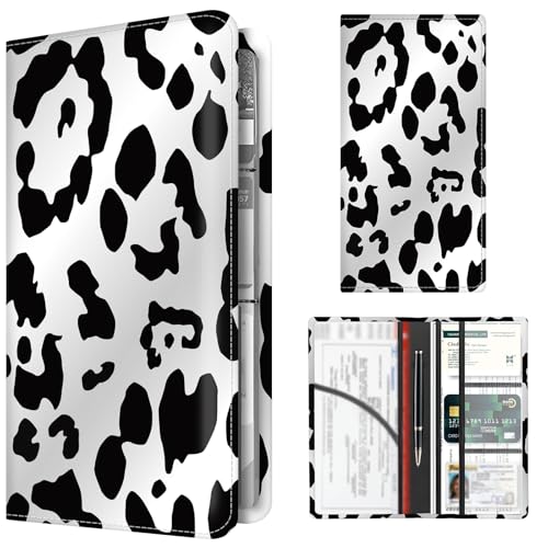 Premium Car Registration and Insurance Card Holder, Cute PU Leather Car Document Holder, Vehicle Glove Box Car Organizer with Magnetic Closure for Driver License, Cards Black White Cow Print - color: Black White Cow Print