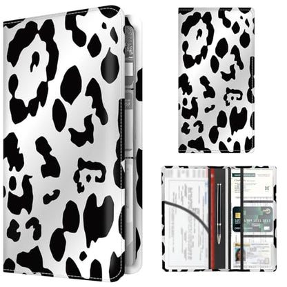 Premium Car Registration and Insurance Card Holder, Cute PU Leather Car Document Holder, Vehicle Glove Box Car Organizer with Magnetic Closure for Driver License, Cards Black White Cow Print - color: Black White Cow Print
