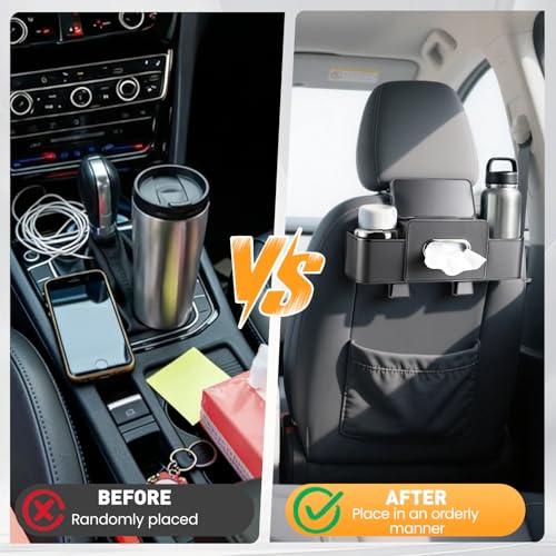 2 Pack Back Seat Car Organizer, Multifunctional Car Organizer Seat Back, with Tissue Box Holder, 2 Cup Holders & 2 Cup Hooks for Phone, Drinks, Toy, Snacks for Keeping Cars Tidy, Fits Most Vehicles