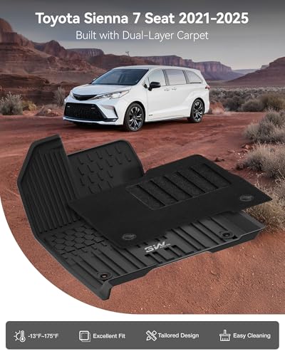 3W Floor Mats with Front Carpet Compatible for Toyota Sienna 2021-2026 7 Seat, TPE All Weather Custom Fit Floor Liner for Toyota Sienna 1st, 2nd and 3rd Row, Black (Not Fit 2025 2026 Platinum Edition) - style: 1. Sienna 7 S|21-26|Floor Mats with Carpet