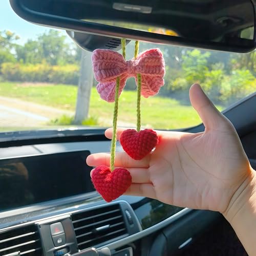 Cute Bowknot Love Car Mirror Hanger, Crochet Hand Knitted Rear View Mirror Accessory - color: Bowknotlove