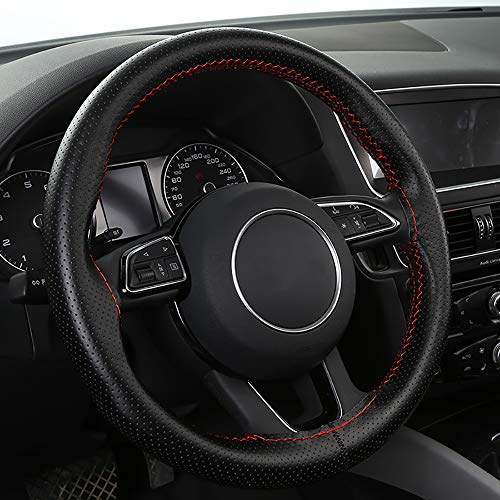 Universal Car Steering Wheel Cover with Top Genuine Leather, Anti-Slip Design and Soft Padding, Stitching Style (Black Leather with red Thread) - color: the red thread