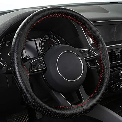 Universal Car Steering Wheel Cover with Top Genuine Leather, Anti-Slip Design and Soft Padding, Stitching Style (Black Leather with red Thread) - color: the red thread