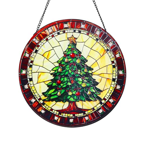 Green Christmas Tree Stained Glass Window Hanging Suncatcher with Chain - 7.9" Outdoor/Indoor Art Decor for Home Garden, Wedding, Mother's, Valentine's, Thanksgiving Ornaments Present - color: Green Christmas Tree