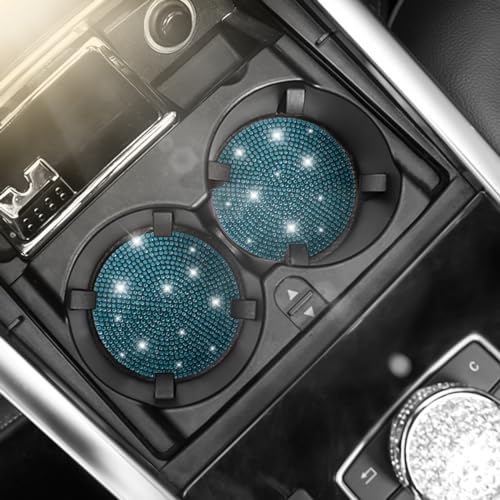 Bling Car Cup Holder Coaster, 2 Pack Crystal Rhinestone Anti-Slip Insert Coasters, Universal 2.75 Inch Fashion Automotive Cup Mat, Car Interior Accessories Decor Gifts for Women (Blue)