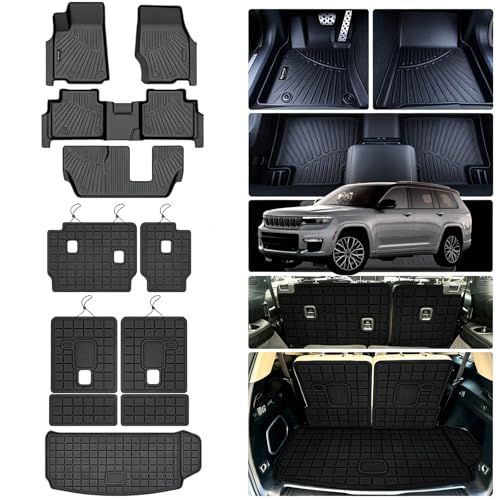 Floor Mats for 2021-2025 2026 Jeep Grand Cherokee L (Only for 7 Seats), 2 Row Bucket Seat TPE Floor Liners & Trunk Mat & 2nd and 3rd Backrest Mat for Grand Cherokee Accessories - size: 2021-2026 Jeep Grand Cherokee L Full Mats-7 Seats