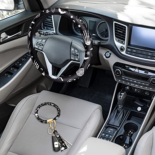 4 Pieces Black Moons White Stars Print Car Accessories Set Black Moons White Stars Steering Wheel Cover with 2 Pieces Car Cup Holder and Leather Keyring for Truck Suv(Horror Pattern)