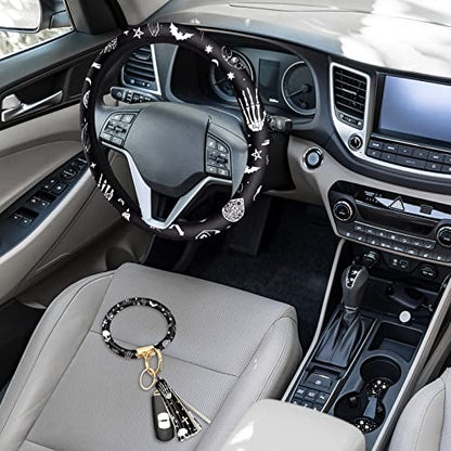 4 Pieces Black Moons White Stars Print Car Accessories Set Black Moons White Stars Steering Wheel Cover with 2 Pieces Car Cup Holder and Leather Keyring for Truck Suv(Horror Pattern)
