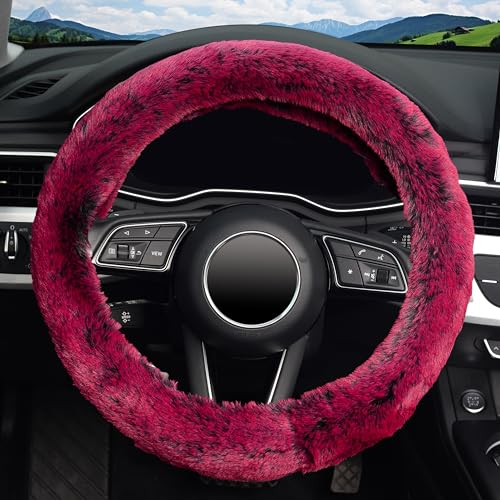 KAFEEK Frost Fluffy Microfiber Plush Steering Wheel Cover for Winter Warm, Universal 15 inch Soft Fuzzy Steering Wheel Cover, Brilliant Red - color: red, size: Standard Size[14 1/2''-15'']