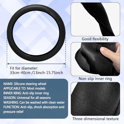 Car Steering Wheel Cover, 13 to 14.17 inches Non-Slip Silicone Steering Wheel Protector, Car Accessories Thin Soft Leather Texture Steering Wheel Protective Cover for Most Cars (Black) - color: Black