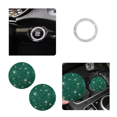Ziciner 2 Pack Bling Car Cup Holder Coaster, Anti-Slip Auto Insert Coaster with Start Stop Button Cover, Universal Shiny Crystal Vehicle Interior Accessories for Women and Girls (Green) - color: Green, size: 2 Coaster+Start Button Cover
