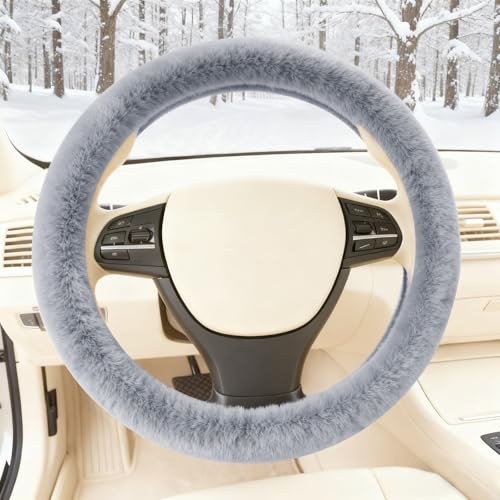 Furry Warm Steering Wheel Cover, Universal 14.5-15 Inch Winter Plush Warm Steering Wheel Cover, Soft Fluffy, Anti-Slip Design, Soft Texture (Gray) - color: Gray Plush