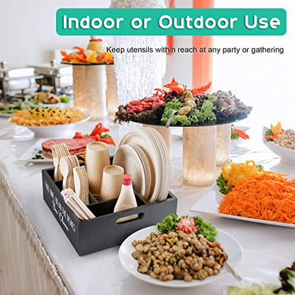 ALELION Paper Plate Dispenser for Countertop - Wooden Utensil Holder Organizer for Party - Silverware Caddy for Plate, Cup, Fork, Spoon - Cutlery Holder with Handles for Kitchen Camping Buffet - style: Black