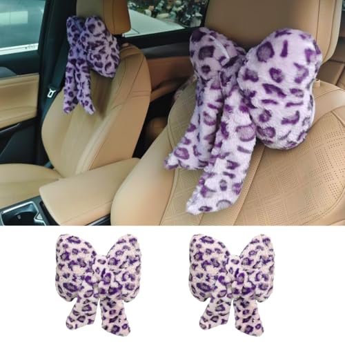 2PCS Cute Bow Car Headrest Pillow, Soft Breathable Leopard Plush Car Neck Support Pillow, Comfortable Warm Ergonomic Auto Interior Head Rest Cushion for Women, Girl (Purple) - color: Purple