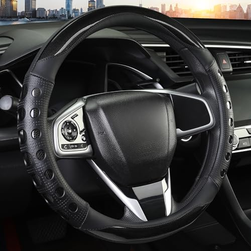 PU Leather Car Steering Wheel Cover with Anti-Slip Grip, for Women and Men, Universal Fit for 14.5-15 Inch Cars, Trucks, SUVs (Black (Round), Medium(Standard) Size[14 1/2''-15'']) - color: Black (Round)