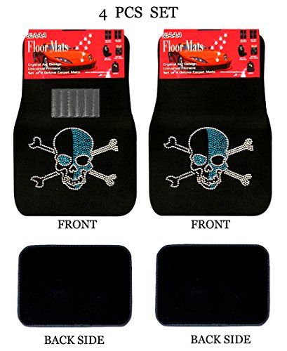 Universal Fit Car Truck Front/Rear 4-Piece Full Set Crystal Bling Rhinestone Design Studded Black Carpet Floor Mats (Blue Skull-Black) - color: Blue Skull-Black