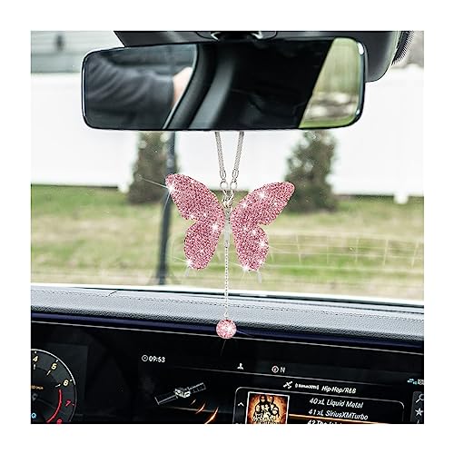 zipelo Bling Butterfly Diamond Car Accessories, Crystal Car Rear View Mirror Charms for Women, Car Decoration Lucky Gifts Hanging Interior Crystal Ornament Pendant Decor for All Cars (Pink) - color: Pink