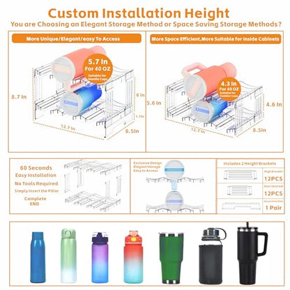 Large Stanley Cup Holder With Handle Groove,Stackable Tumbler and Water Bottle Organizer for Kitchen Cabinets,2 Tier Waterbottle and Cup Storage Organizer for 40 OZ Yeti,Owala,Yeti Storage