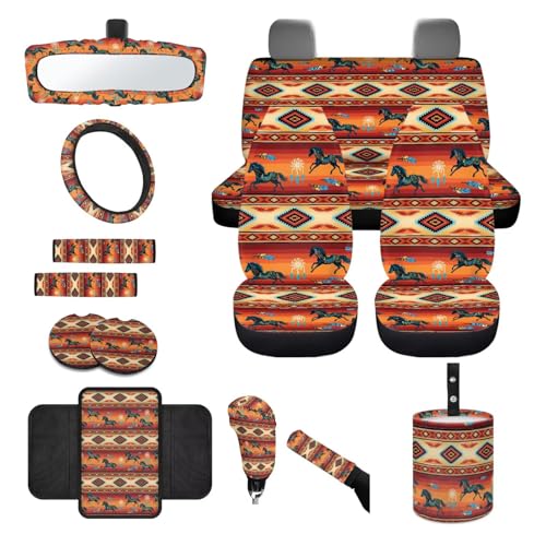 Wanyint Car Seat Cover Full Set 14 Pack, with Steering Wheel Seat Belt Rear View Mirror Center Console Trash Can Coaster Gear Shift Knob Cover Set Universal Fit, Aztec Navajo Horse Orange - color: Aztec Navajo Horse Orange