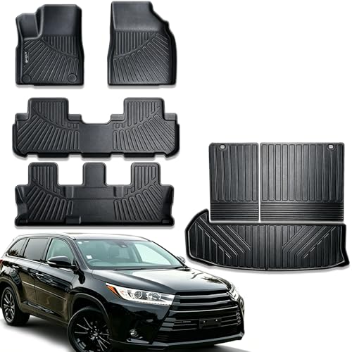 Floor Mats & Cargo Liners & Backrest Mat for 2014-2019 Toyota Highlander 7&8 Seats TPE All Weather Protection Car Floor Mats with Trunk Mat Covering The Backrest - size: 14-19丨highlander 7&8seat