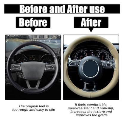 Car Genuine Leather Steering Wheel Cover, DIY Sewing with Needle and Thread, Breathable, and Anti-Slip, Universal 15 Inch Car Steering Wheel Stitching Wrap (Beige, Glossy) - color: Beige, size: 15 inches - Glossy