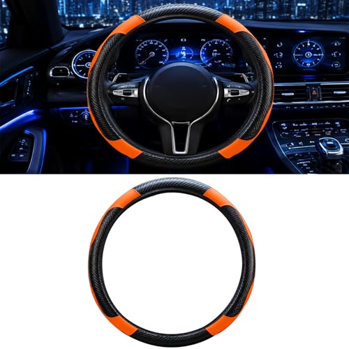 Car Steering Wheel Cover, 15 inch Carbon Fiber Microfiber Anti-Slip Breathable PU Leather Elastic Steering Wheel Protector, Car Interior Accessories for Most Cars (Orange) - color: Orange